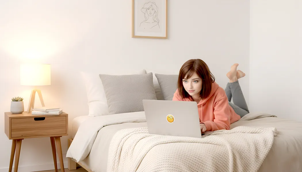 A lifestyle photo of a person writing in Magic Notebook on a laptop, lying on a bed